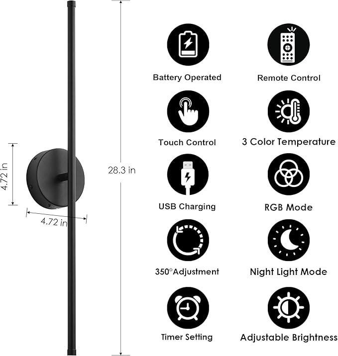 Battery Operated Wall Sconces Set of Two, with Remote Control, Dimmable, Warm White/Natural White/Daylight/RGB, 350°Rotate, LED Black Wireless Wall Light for Living Room, Bedroom, 28.3 Inch - Bloomnest