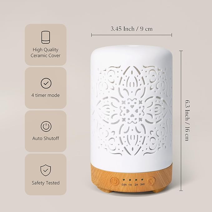 Earnest Living Essential Oil Diffuser White Ceramic Diffuser 100 ml Timers Night Lights and Auto Off Function Home Office Humidifier Aromatherapy Diffusers for Essential Oils - Bloomnest