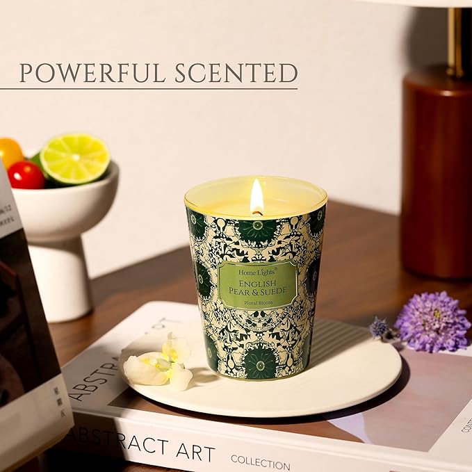 HomeLights Soy Wax Candles for Home Scented, 1-Wick Candles in English Pear & Suede Scented, Aromatherapy Candles Gift for Parties, Relaxing, Bohemian Natural Textures, 6.7oz - Bloomnest