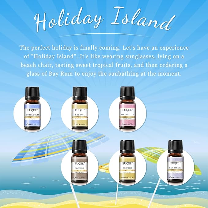 EUQEE Summer Fragrance Oil Gift Set of 6，Holiday Island Essential Oils Set for Humidifier, Aromarathepy-Pineapple, Coconut, Sea Breeze, Bubble Gum, Bay Rum, Marshmallow(10ml) EUQEE