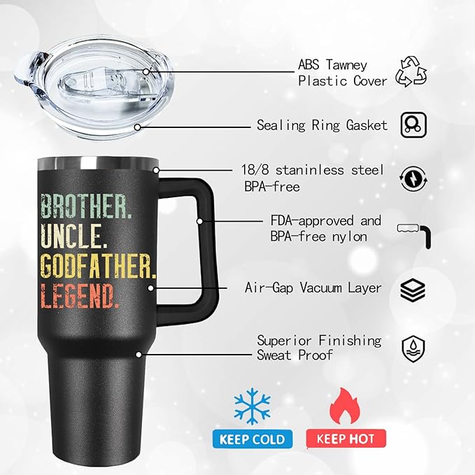 Ceovfoi 40 oz Godfather Tumbler for Men - Stainless Steel Insulated Mug with Handle, Lid & Straw, Godfather Themed Gifts, Perfect Birthday/Father’s Day/Christmas Presents for Dad, Grandpa, Husband - Bloomnest