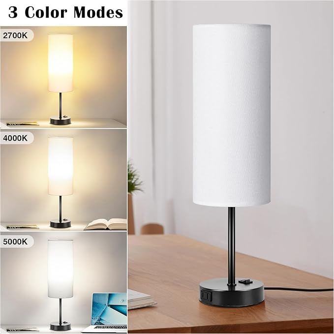 ZJOJO Table Lamp for Bedroom 2 Pack,18in Bedside Lamps with 3 Way Dimmable Rocker Switch & AC Outlet,Nightstand Desk Lamp with White Fabric Shade Black Basee for Living Room Home Decor Lights - Bloomnest