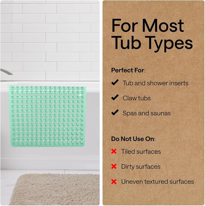 GORILLA GRIP Patented Bath Tub Shower Mat, Machine Washable Bathtub Floor Liner Mats, Suction Cups and Drain Holes to Keep Tubs Clean, Soft on Feet, Bathroom Essentials, 35x16 Inch, Clear Green - Bloomnest
