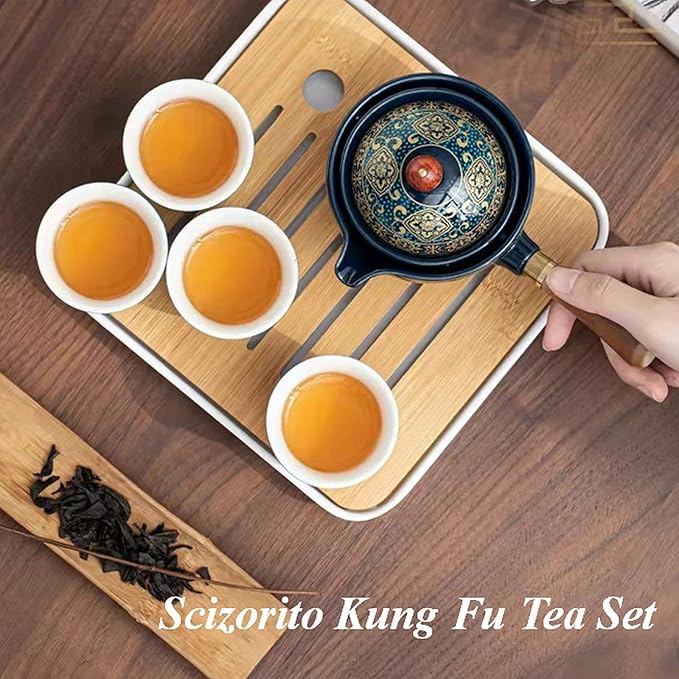 Ceramic Portable Travel Tea Set, Chinese Kungfu Tea Set with 360 Rotation Teapot and Infuser, 4 Tea Cups, Tea Tray And Travel Bag (Floral Blue)