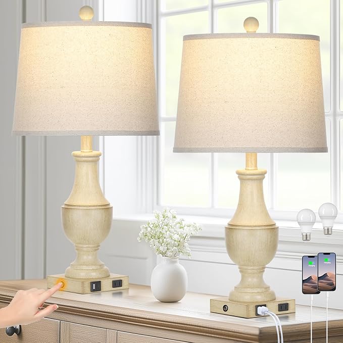Farmhouse Lamps Set of 2, Vintage Rustic 3-Way Dimmable Touch Control Table Lamp with USB A+C Charging Ports & AC Outlet, Retro Resin Bedside Lamp Linen Shade for Bedroom Office Antique White - Bloomnest