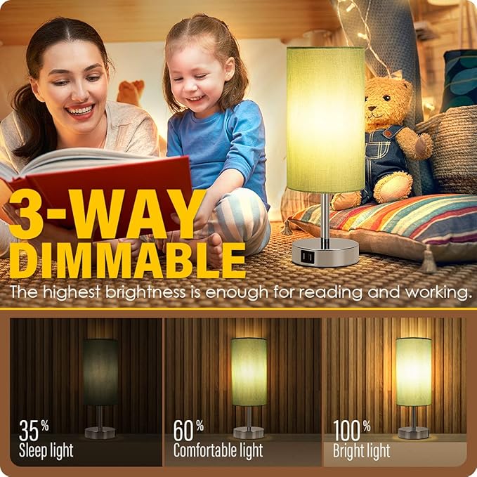 Yarra-Decor Bedside Lamp with USB Port - Touch Control Table Lamp for Bedroom 3 Way Dimmable Nightstand Lamp with Round Denim Fabric Shade for Living Room, Dorm, Home Office (LED Bulb Included) - Bloomnest