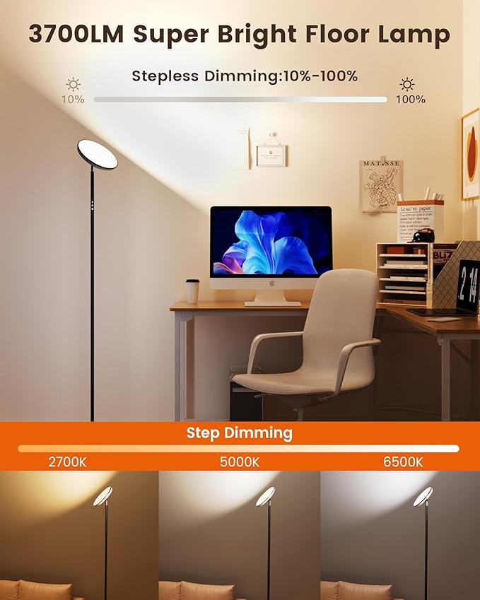 UFO Floor Lamp 71in, Upgraded 42W 3700LM LED Torchiere Floor Lamps for Living Room, Modern Tall Bright Standing Light with Remote, Dimmable Sky Light,1/2/3H Timer for Bedroom,Office(Black) - Bloomnest
