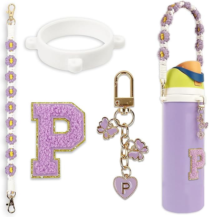 Compatible with Owala Water Bottle Accessories, Cute Letter Charm Set with Boho Handle Strap, Monogram Sticker, Silicone Ring, Keychain Decoration, for FreeSip 24 32 40oz, Owala Kids, Tumbler Gift SITKOL
