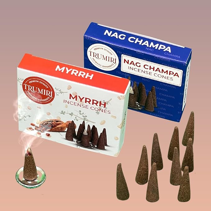 TRUMIRI Incense Cones - Combo Pack of 20 Cone Incense - 10 Myrrh + 10 Nag Champa - Insence Cones - Incense Cones Scented - Cone Incense Scents - Insense Cones - Incent Cone TRUMIRI