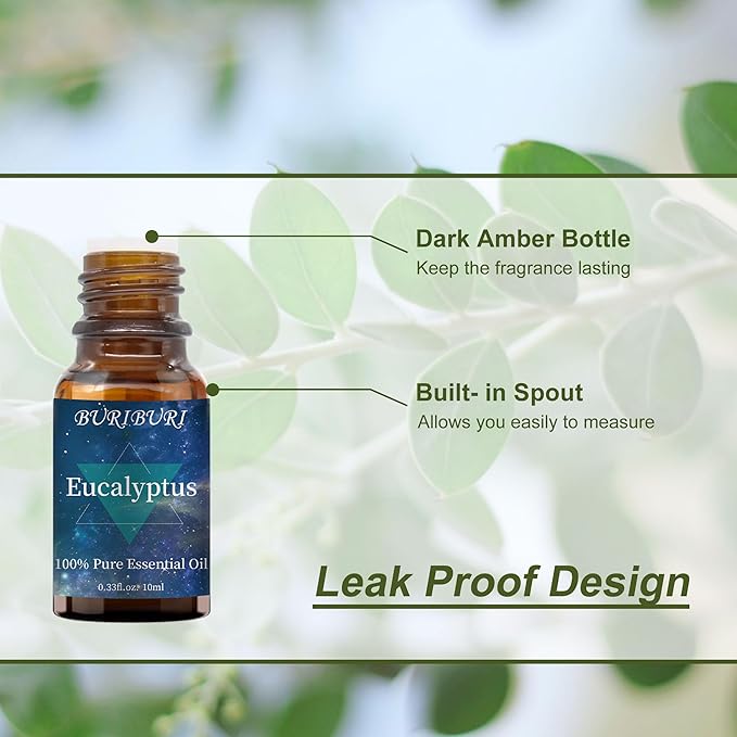 BURIBURI Eucalyptus Essential Oil for Diffuser, 100% Pure, Undiluted, Natural, Organic Aromatherapy Eucalyptua Fragrance Oils 10ML for Candle Making Soap Making BURIBURI