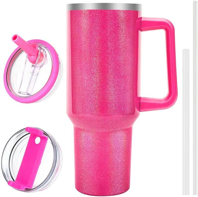 40 oz Tumbler with Handle and Flip Straw Lid, Vacuum Insulated Leak Proof Double Walled Stainless Steel Glitter Travel Mug Tumblers, Maintains Cold Ice and Heat for Hours(Hot Pink) - Bloomnest
