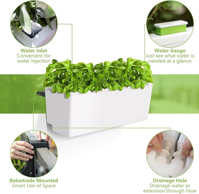 Glowpear Self Watering Railing Planter Box - 23.6", White - UV Stable, Scalable Plant Pot with Water Gauge, Indoor Outdoor for Vegetables, Flowers, Herbs, and Succulents - Bloomnest