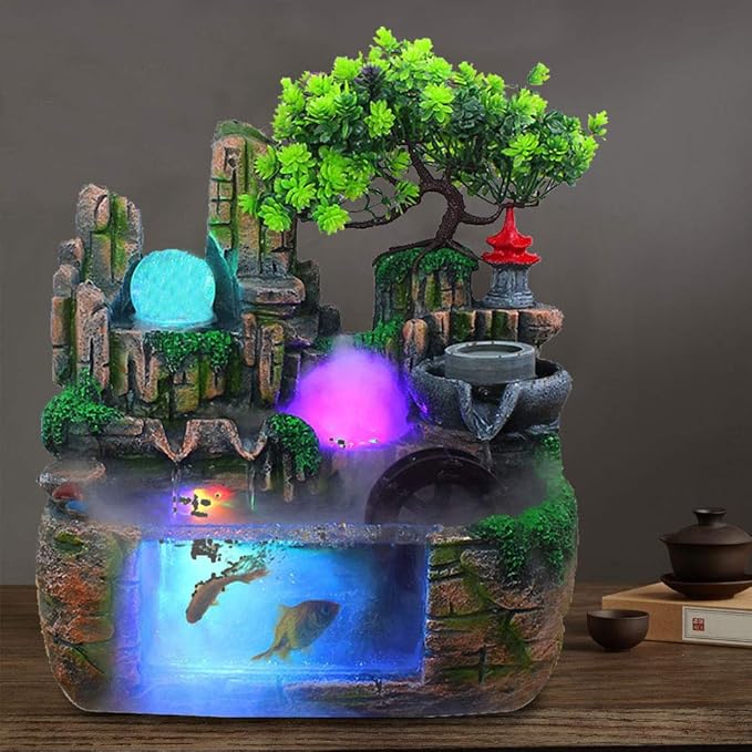 11.81INCH Indoor Water Fountain Rockery Ornaments, Atomizing Rockery Water Fountain Desktop, Chinese Fengshui LED Lamp Waterfall Includes Tower for Home Office - Bloomnest