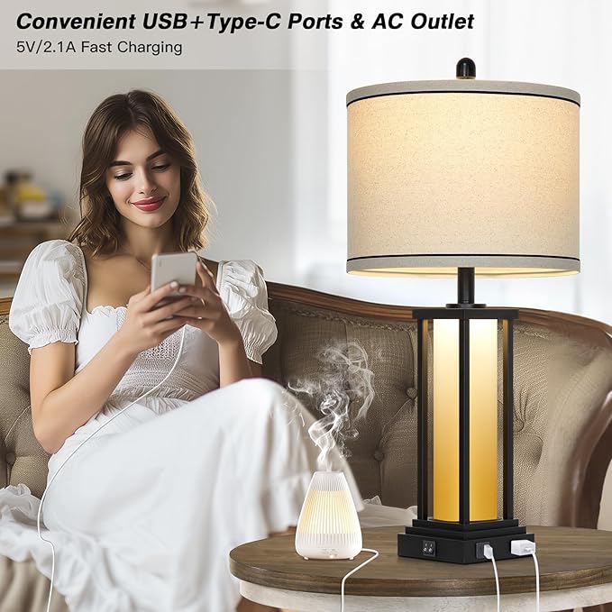 27" Tall Vintage Table Lamp Set of 2 with USB C+A & Outlet,Farmhouse Nightstand Lamp for Living Room,Rustic Retro Bedside Lamps with Red-Orange Glass Night Light for Bedroom Entryway,Black-2 - Bloomnest