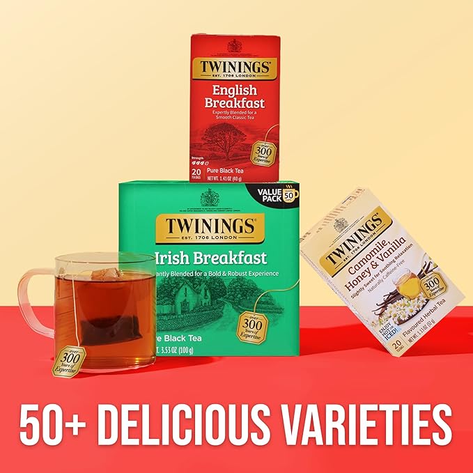 Twinings Irish Breakfast Black Tea Individually Wrapped Bags, 50 Count (Pack of 6), Flavourful, Bold, Robust, Caffeinated, Enjoy Hot or Iced, 300 Teabags - Bloomnest