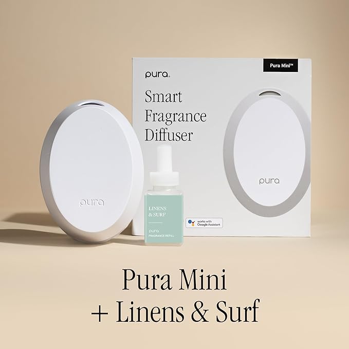 Pura Mini Smart Fragrance Diffuser for Small Spaces Adjustable Smart Home Device with LED Light & Automatic Vial Detection - Includes 1 Scent Refill; Linens & Surf - Bloomnest