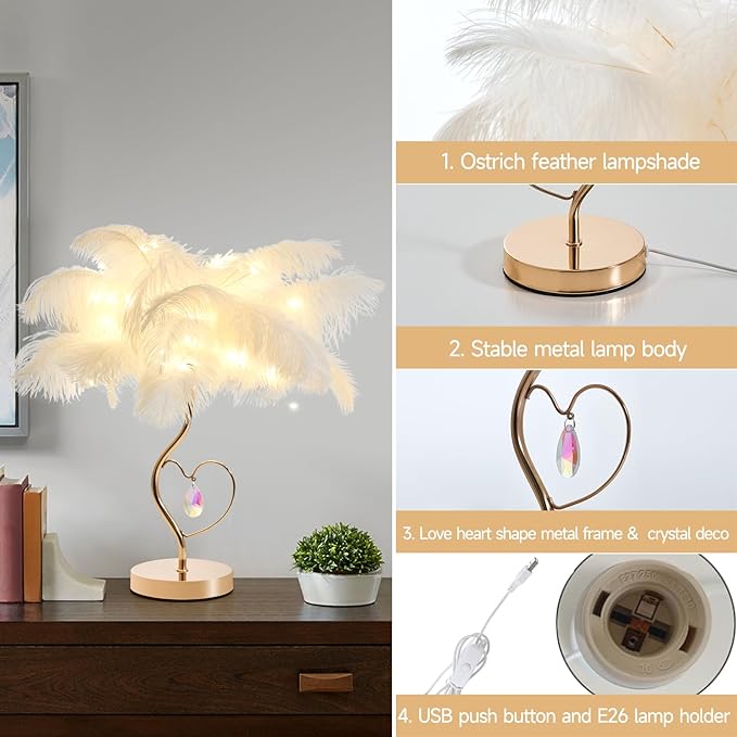 White Ostrich Feather Lamp Princess Fluffy Bedside Lamp Romantic Feather Table Lamp Nightstand Light for Girl Bedroom Wedding Decor Valentine Dating Living Room Hotel Office - Bloomnest