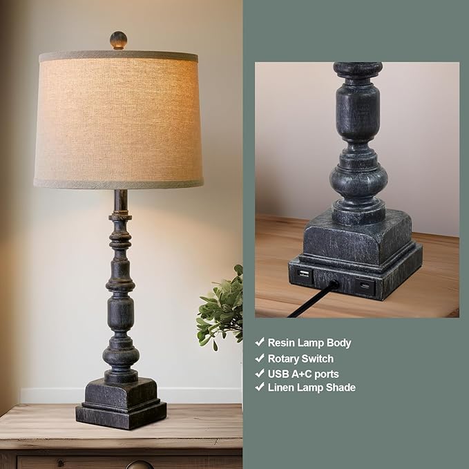 Oneach 27.75” Vintage Farmhouse USB A+C Table Lamps Set of 2 for Living Room Bedroom Traditional Bedside Nightstand Lamp Retro Resin Lamps Linen Shade Nightstand Home Office Antique Black Accent - Bloomnest