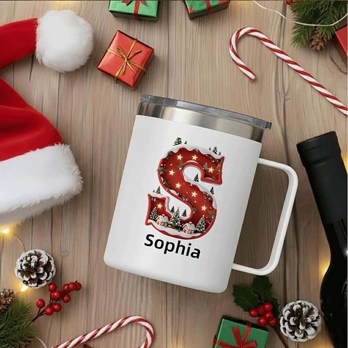 Personalized Christmas Mug | Custom Starry Night Village Initial Insulated Coffee Cup with Handle & Lid | 12oz Festive Red Holiday Tumbler, Unique Gift (B10) - Bloomnest
