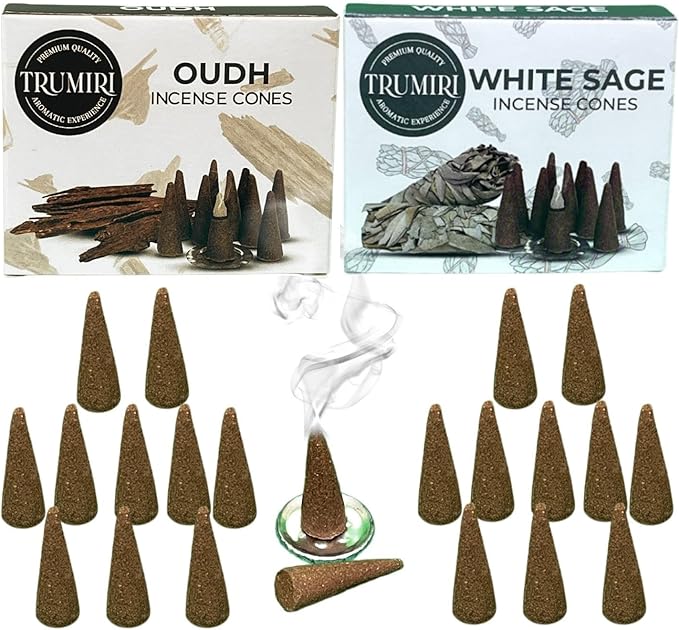 Incense Cones - Combo Pack of 20 Cone Incense - 10 White Sage + 10 Oud - Insence Cones - Incense Cones Scented - Cone Incense Scents - Insense Cones - Incent Cone TRUMIRI
