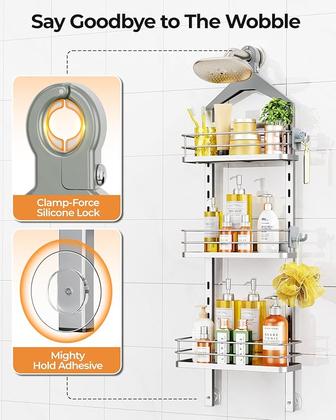 ODesign 3 Tier Height-Adjustable Shower Caddy Hanging Anti-Swing-Over The Shower Head Caddy-Storage Organizer Bathroom Shelves Basket-Silver - Bloomnest