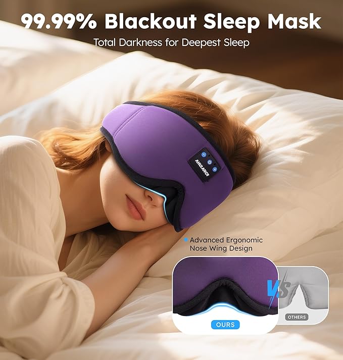 Ice Silk Sleep Mask with Headphones, Sleep Headphones for Side Sleeper with 3D Cups, Bluetooth 5.4 Sleeping Eye Mask, Total Blackout Sleeping Headphones for Women Men(Purple) - Bloomnest