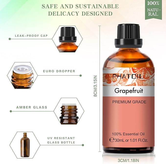 Grapefruit Essential Oil, 1.01Fl.Oz (30ML) PHATOIL Pure Essential Oil Singles for Aromatherapy Diffusers, Humidifiers, Great for DIY Candle and Soap Making, Gift for Friend PHATOIL