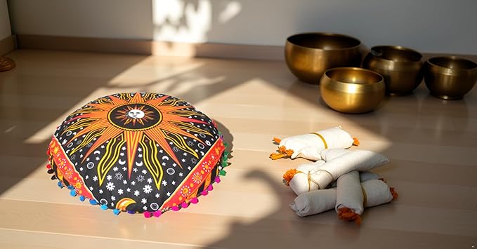 CRAFT KALA Large Round Bohemian Floor Pillow Pouf Cover Mandala Meditation Room Pillow Cover for Adults Boho Seating Poufs Cushion Cover for Kids Playroom 32" Round Orange Burning Sun - Bloomnest