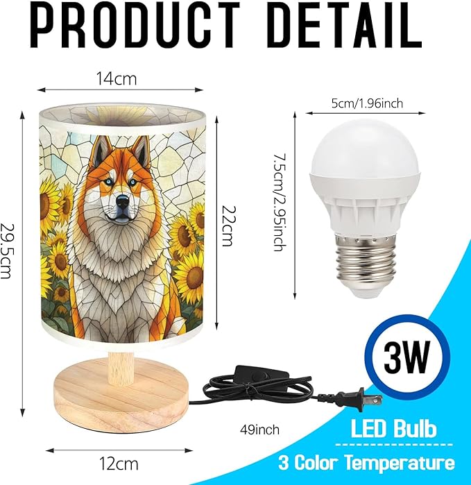 Akita Inu Table Lamp LED 3-Color Pressed Bedside, Dog Shade Lamp with Wood Base for Bedroom Living Room Desk Office - Bloomnest