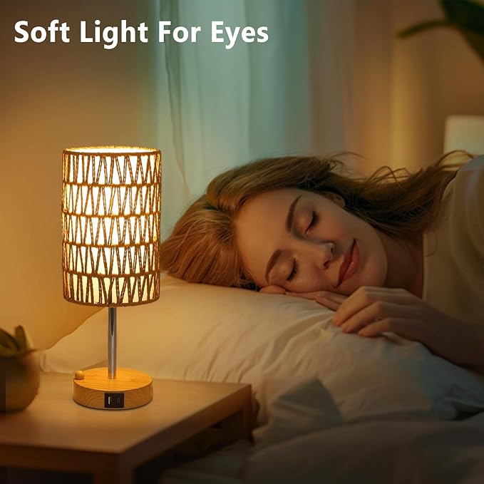 Boho Table Lamp for Bedroom with Bulb, Small Touch Control Table Lamp for Living Room with Rattan & Linen Shade, 3 Way Dimmable Bedside Lamp for Nightstand with USB Charging Port & Phone Stand - Bloomnest