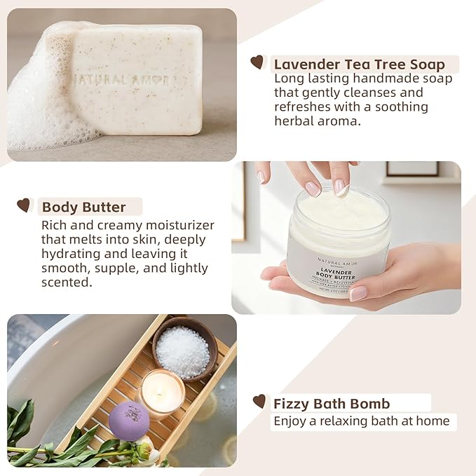 Natural Amor 5-Piece Lavender Spa Gift Set – Bath Bomb, Body Butter, Bar Soap, Bath Salt, Candle – Relaxing Self Care Kit for Women – Gift Box for Birthday, Thank You, Get Well - Bloomnest