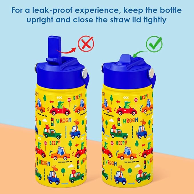SANDJEST Kid Water Bottle 12oz with Straw Lid - 2-Pack Insulated Stainless Steel Water Bottles for Kids Boys Girls - Travel Cup for School Sports, Construction & Transportation - Bloomnest