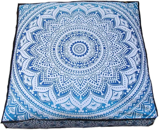 INDIAN CRAFT CASTLE 24" Blue Ombre Mandala Barmeri Large Floor Pillow Cover Cushion Meditation Seating Ottoman Throw Cover Hippie Decorative Zipped Bohemian Pouf Ottoman Pom Pom Cases 24" Square - Bloomnest