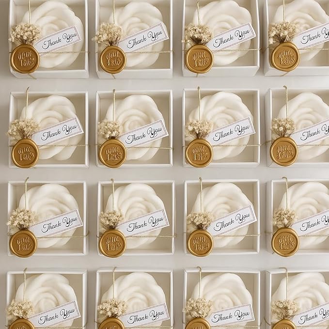 White Rose Petal Soy Wax Candles in Bulk – Rose Candle Wedding Favors for Guests, Personalized Candle Favors for Bridal Shower & Baby Shower Gifts – Dried Flower & Wax Seal Design (30 Pieces) - Bloomnest