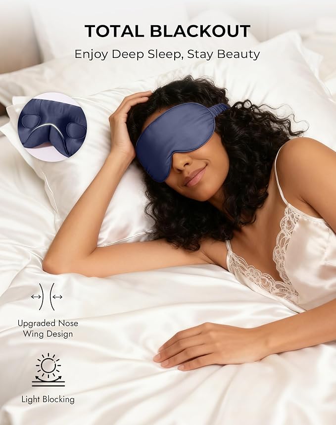 SilkSilky 100% 22 Momme Mulberry Silk Sleep Mask – Upgraded 3D Contoured Eye Mask with Nose Wing Pads & Adjustable Strap, Luxury Blackout Eye Cover for Women & Men (Dark Blue) - Bloomnest