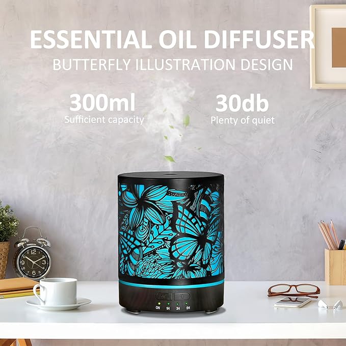 Essential Oil Diffusers 300ML Metal Aromatherapy Oil Diffusers for Large Room,Butterflies & Flower Ultrasonic Cool Mist Diffuser with Waterless Auto Shut-Off Protection, for Home Office SPA Yoga - Bloomnest