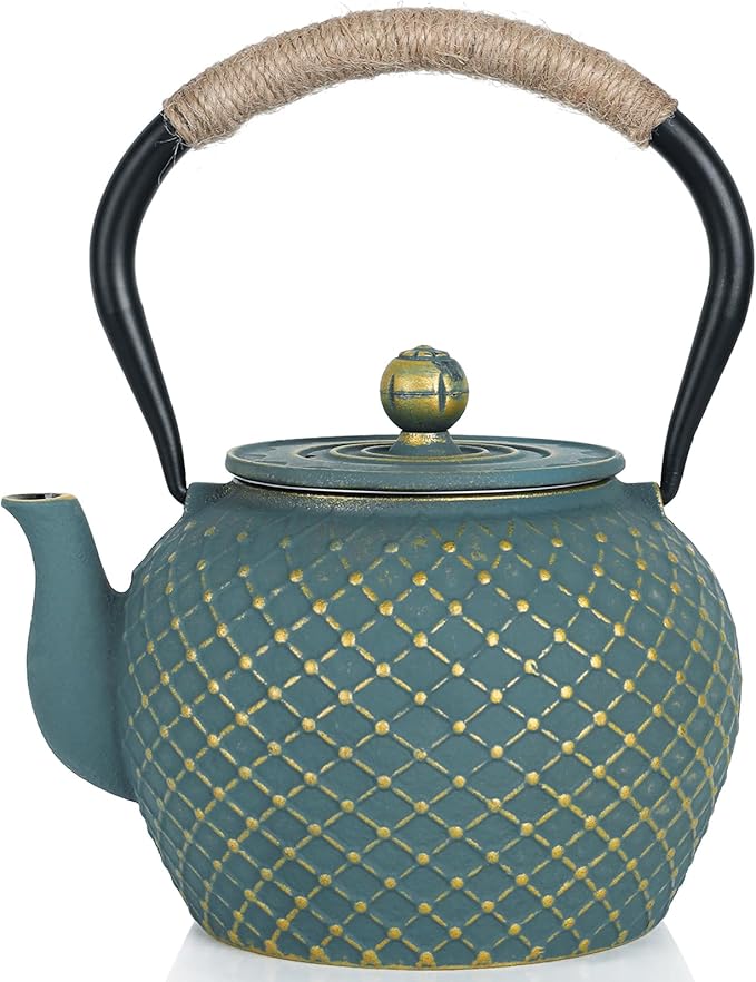 Ufine Japanese Style Cast Iron Teapot for Stove Top with Stainless Steel Infuser Loose Leaf Tetsubin Grid Design Blue Tea Kettle 40oz/1200ml - Bloomnest