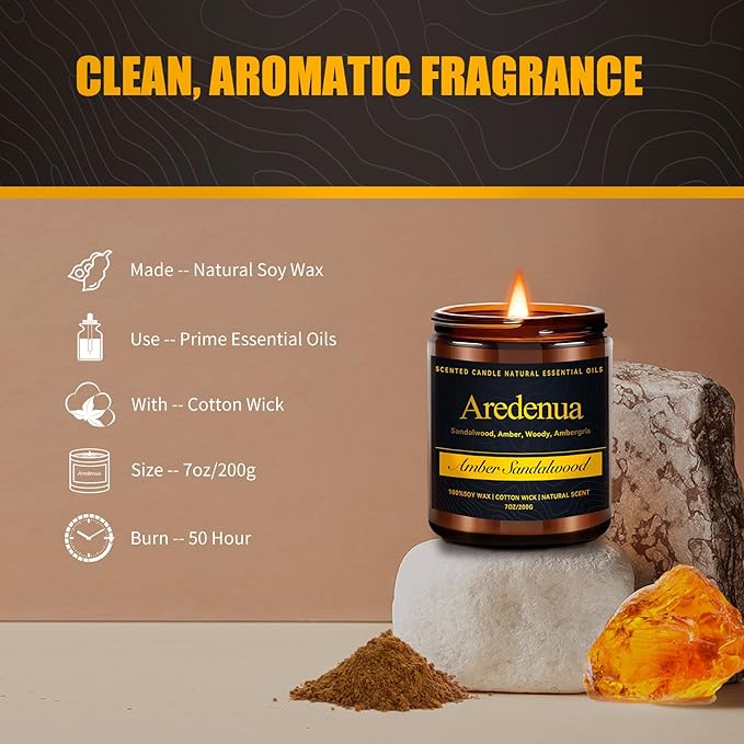 Amber Sandalwood Candle, Scented Candles for Home, Masculine Candle, Aromatherapy Gifts - 7oz Soy Candles for Home Scented, 50 Hours Burn Time, Perfect for Creating Relaxing & Room Filling Fragrance - Bloomnest