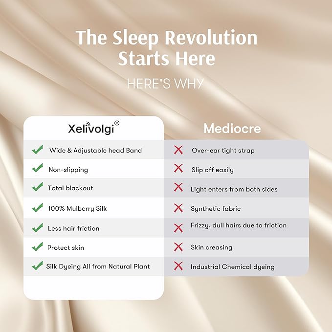 Silk Sleep Mask for Women and Men, Side Sleeper, 22 Momme Pure Mulberry Silk Total Blackout 100% Mulberry Eye Mask with Adjustable Headband Full Size, Eye Masks for Sleeping and Travel