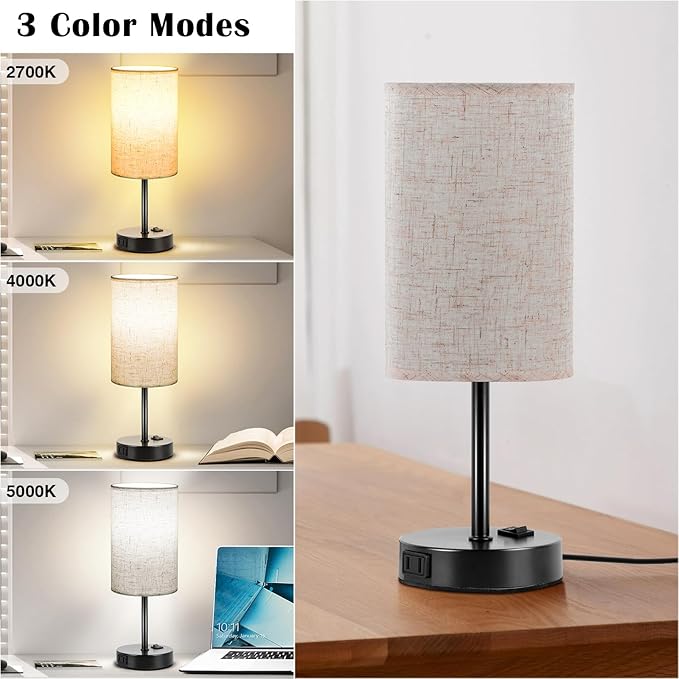 ZJOJO Table Lamp for Bedroom Set of 2, Bedside Small Lamps with 3 Way Dimmable Rocker Switch and AC Outlet, Nightstand Desk Lamp with Flaxen Fabric Shade Black Base for Living Room Home Decor Lights - Bloomnest