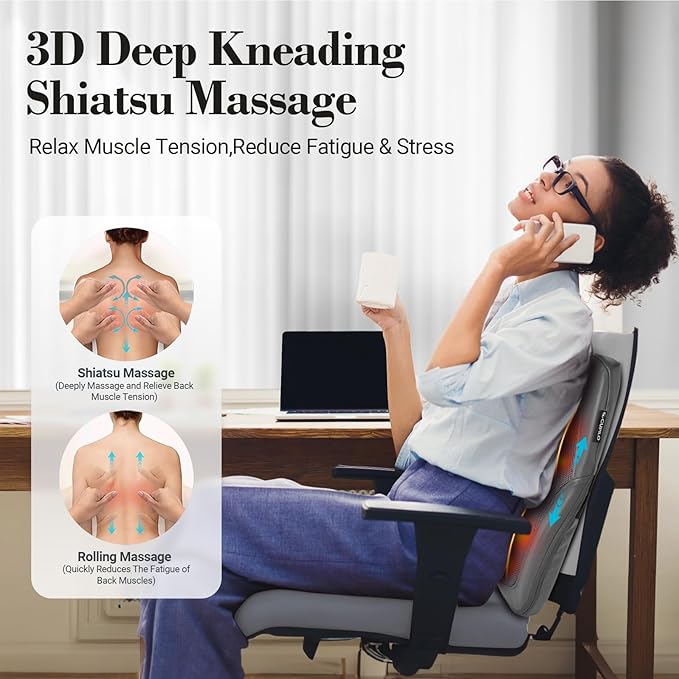 Shiatsu Back Massager with Heat for Deep Tissue Pain Relief, 4D Kneading & Rolling Up and Down Car Low Back Massager for Office and Home Use - Bloomnest