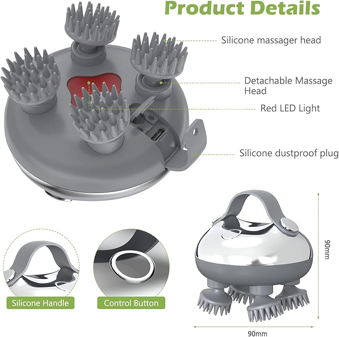 KeeKit Electric Scalp Massager, Portable Head Massager with 8 Removable Heads, 3 Kneading Modes, Handheld Head Scratcher for Relaxation, Hair Growth & Neck/Back Pain Relief, Deep Clean KeeKit