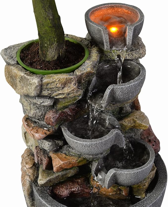 Indoor Fountain 4-Bowl Rockery Soothing Sound Tabletop Fountains Home/Office Decor Gift for Mom,Mother Day Present with A Small Plastic Pot to Grow Plant/Hebs by Yourself (Automatic Watering)