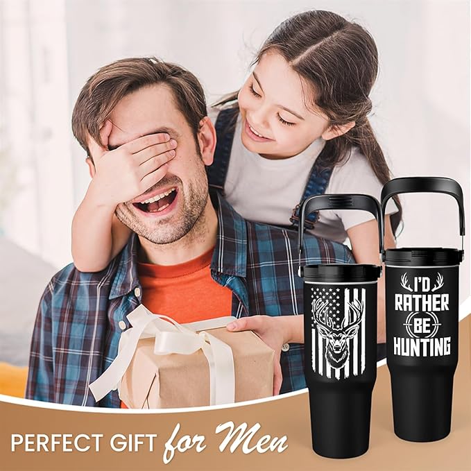 SANDJEST Hunting Gift for Men, Deer Hunting Tumbler with Handle, 30oz Flip Straw Stainless Steel Insulated Coffee Travel Cup, Gifts for Hunter Dad Grandpa on Birthday Christmas Fathers Day - Bloomnest