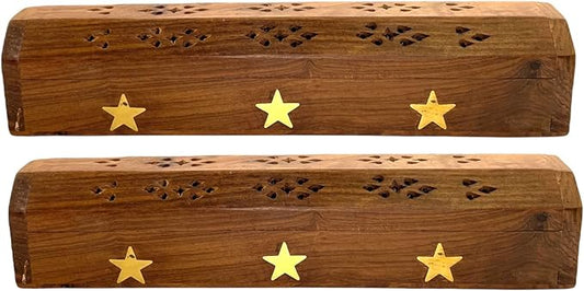 2 Pack Wooden Coffin Incense Sticks Burner - 12 Inches Brass Inlays - Storage Compartment (Large Star) - Bloomnest
