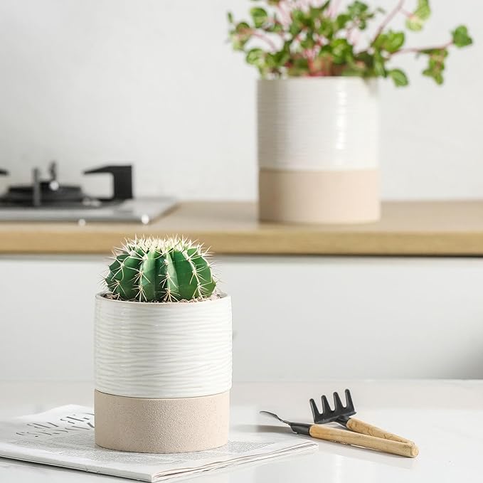 Nihow Self Watering Plant Pot for Indoor Plants: 4.5+6 Inch Ceramic Planter with Drainage Hole & Water Storage Plus - Cylinder Flower Pot with Wick for Herbs -White & Brown - Bloomnest
