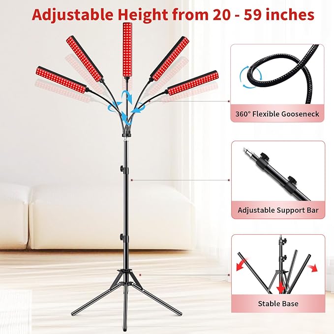 Cholas Red Light Therapy for Face Body, 5 Heads Red Infrared Light Therapy Devices with Stand, 5 Levels Adjustable Brightness 660nm and 850nm Near Infrared Light for Full Body, Muscle Gift for Women Cholas