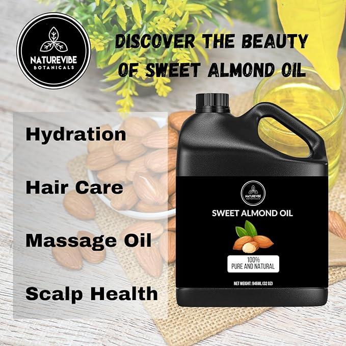 Naturevibe Botanicals Sweet Almond Oil 32 Ounces | 100% Pure and Natural Unrefined Cold Pressed Carrier Oil | Great for Skin Care and Hair Care - Bloomnest