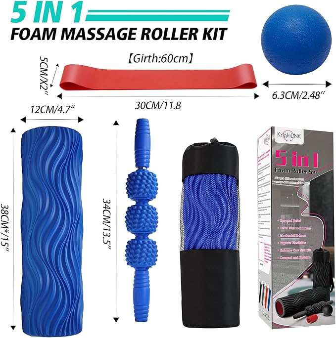 5-in-1 Foam Roller Set, Massage Roller Stick, Massage Ball, Resistance Band for Deep Muscle Massage, Trigger Point Release, Pilates, Yoga (Blue-Wave) - Bloomnest
