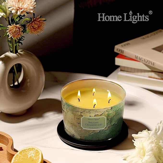HomeLights Balsam Cedarwood Scented Candles | 18oz Soy Candles Industrial Chic 4-Wick Large Candle Jars | Ideal Candle Gifts for Events, Home Decor Stress, Relief & Relaxation - Bloomnest